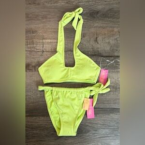 Neon Lime Textured Tie Bikini Set, Top Size XS, Bottoms Size Small